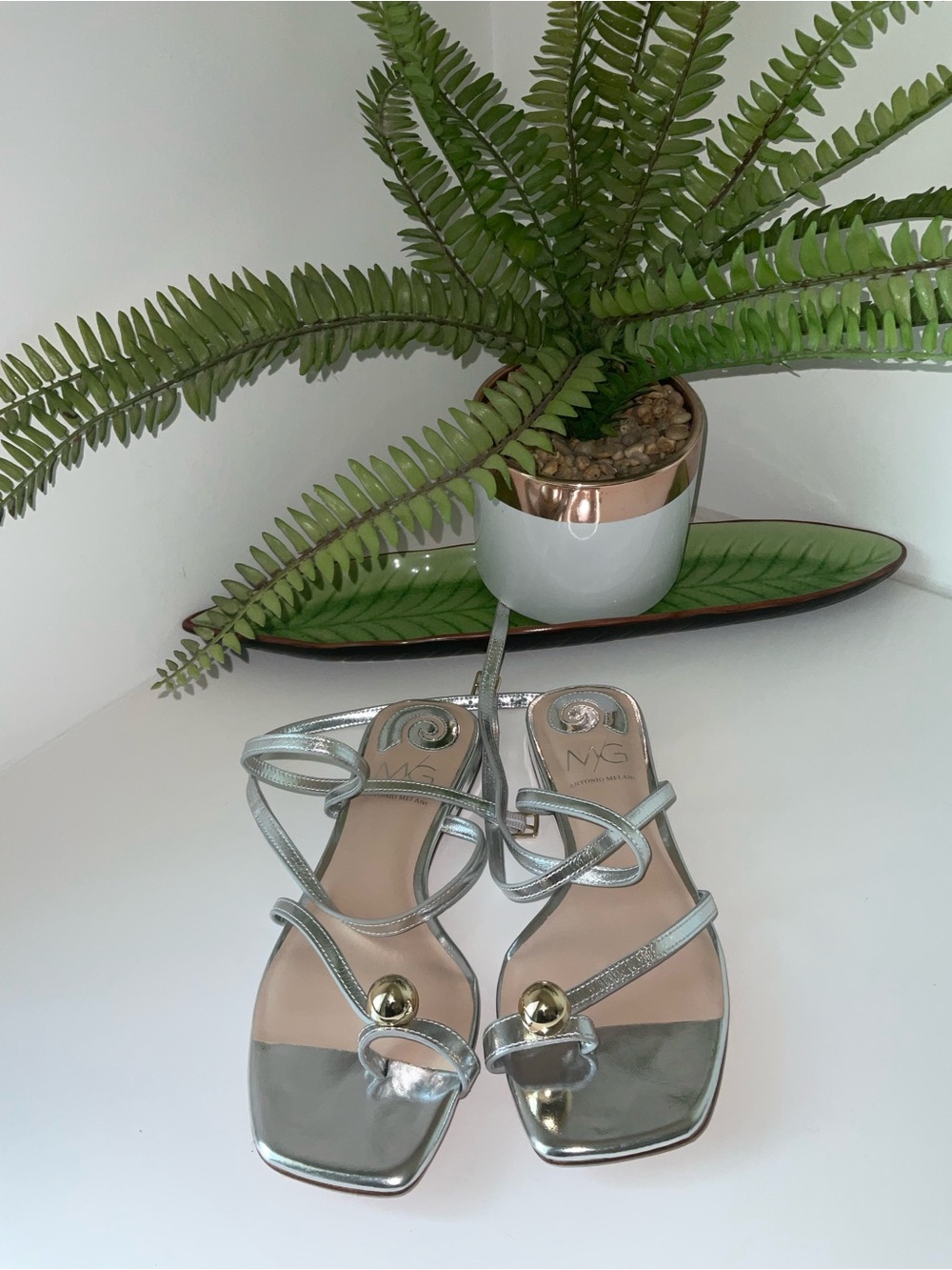ANTONIO MELANI Silver Metallic Strappy Sandals with Gold Accent